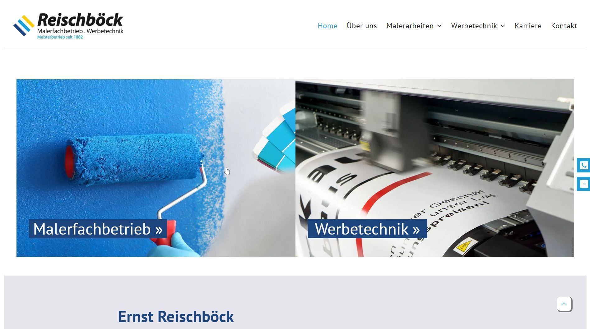 Reischböck-Website mit blauer Farbrolle und Druckmaschine, auf der Maler- und Werbedienstleistungen präsentiert werden.