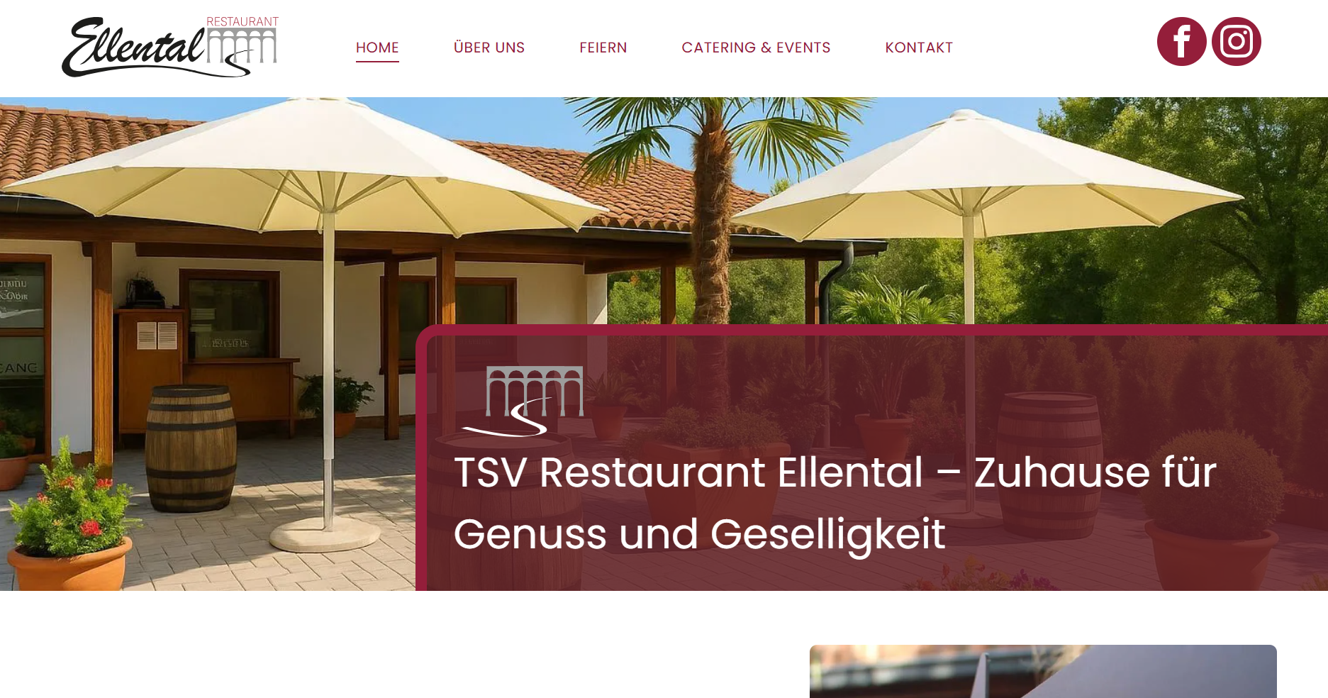 Homepage des Restaurants TSV Eliental mit Terrassentischen, cremefarbenen Sonnenschirmen und Bannertext über einem Restaurantfoto