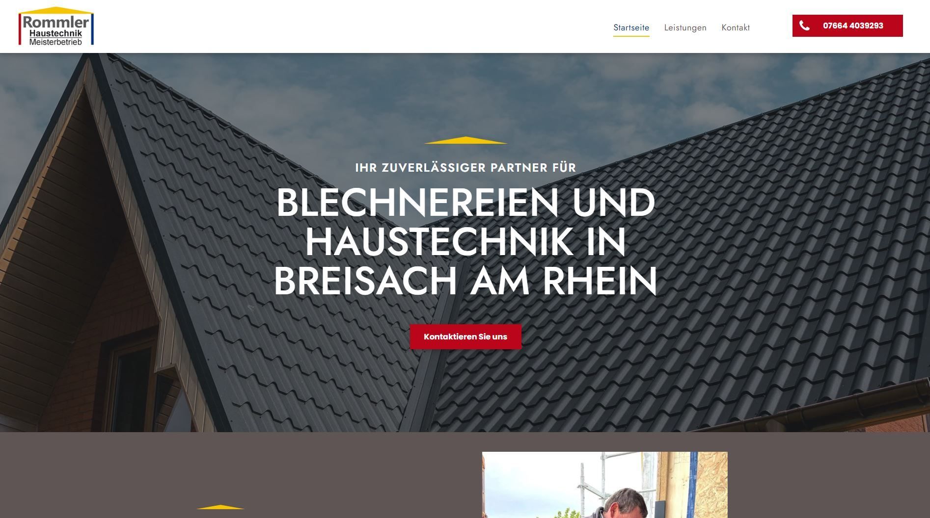 Website header for Blechnereien und Haustechnik in Breisach am Rhein with roof and text.