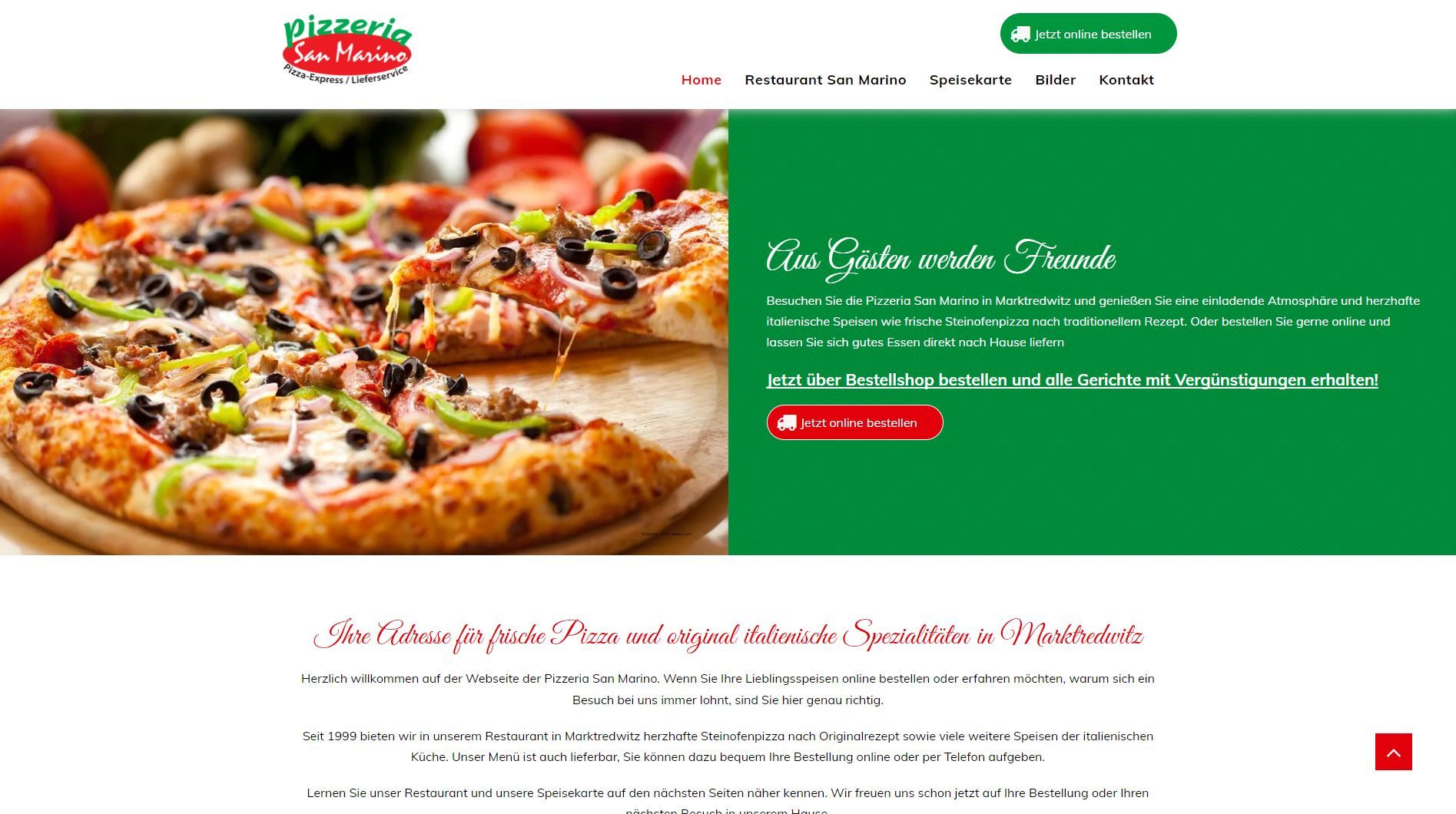 Homepage der Pizza Mia-Website: Pizza auf einem Holzbrett, grün-weißes Website-Layout, Schaltfläche „Online bestellen“.