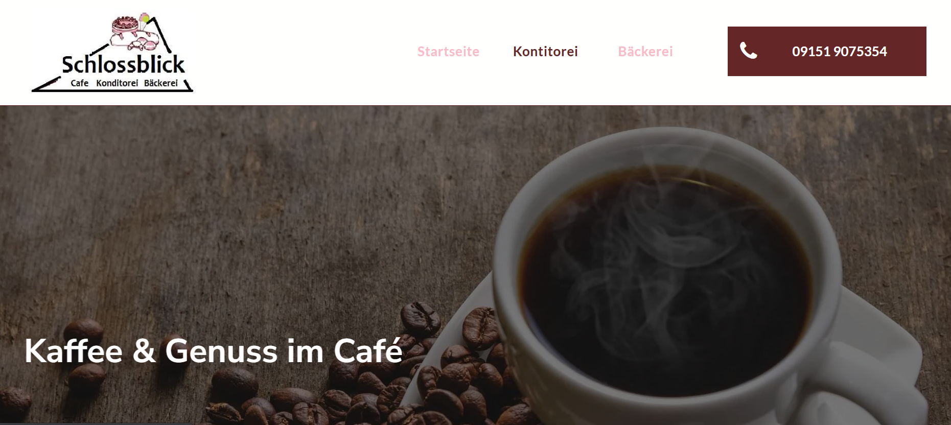 Cafe website banner with coffee cup and beans, titled “Kaffee & Genuss im Café”