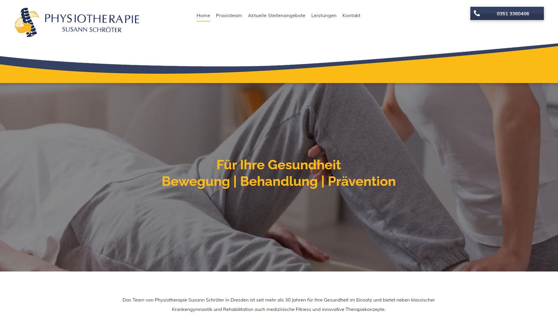 Physiotherapist assisting a patient with leg movement in a clinic, with text