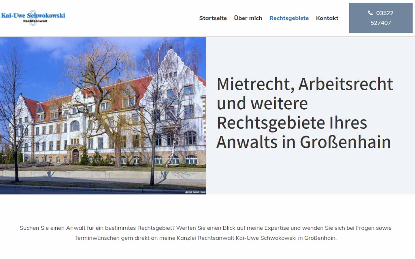 Website einer Anwaltskanzlei mit einem Gebäude in Großenhain.