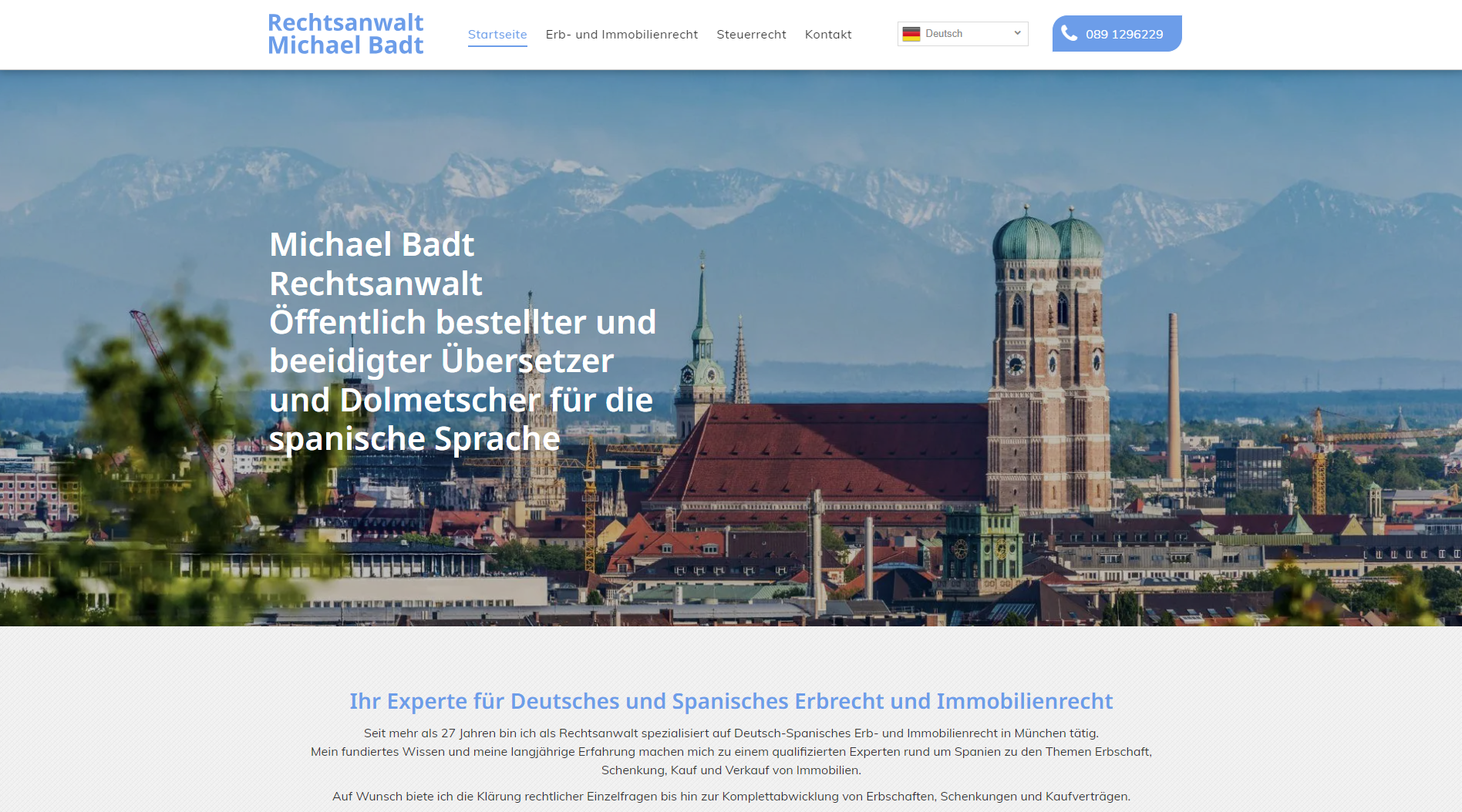Website für einen Anwalt: Münchener Skyline mit Textüberlagerung.