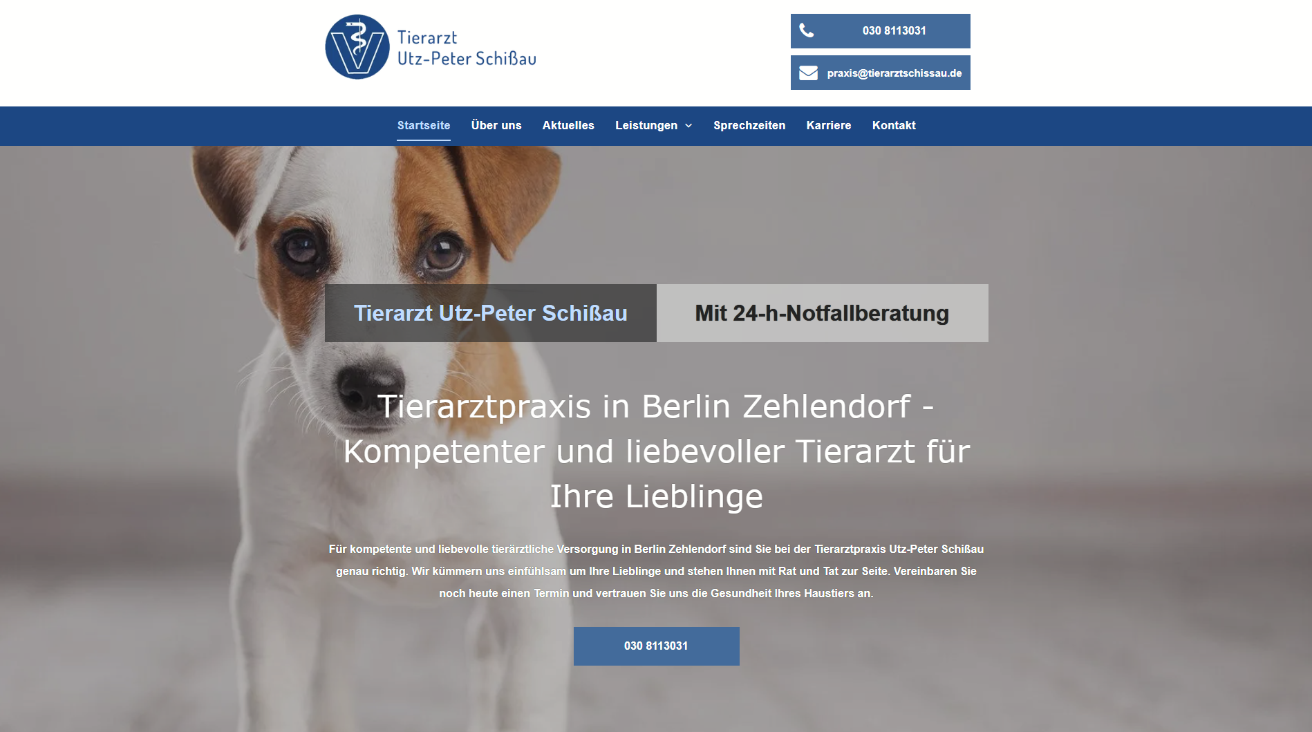 Website für eine Tierklinik in Berlin mit einem Welpen.