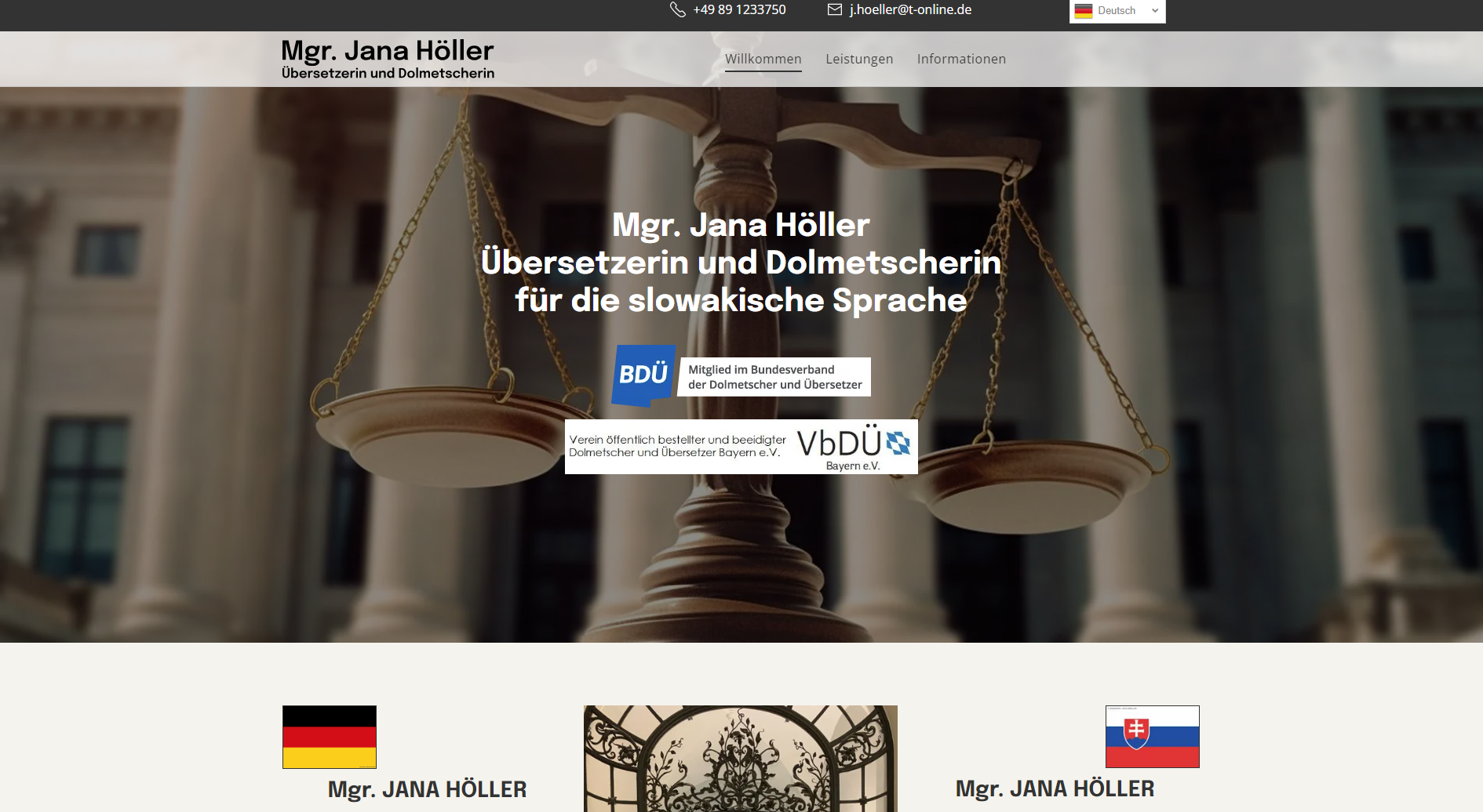 Homepage der Website mit einer Justizskala, Rechtsdienstleistungen in deutscher und slowakischer Sprache.