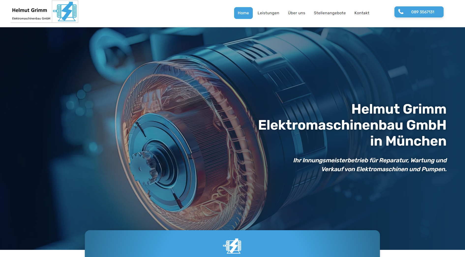 Kopfzeile der Website: Details zu Electromachines, Firmenlogo und Kontaktinformationen in München.