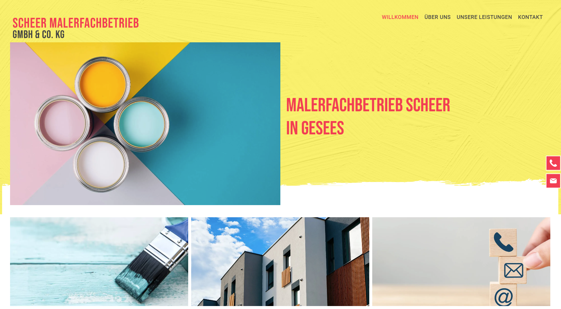 Farbdosen, Pinsel, Gebäudefassaden, Kontaktsymbole auf der Website eines Malerbetriebs in Deutschland.
