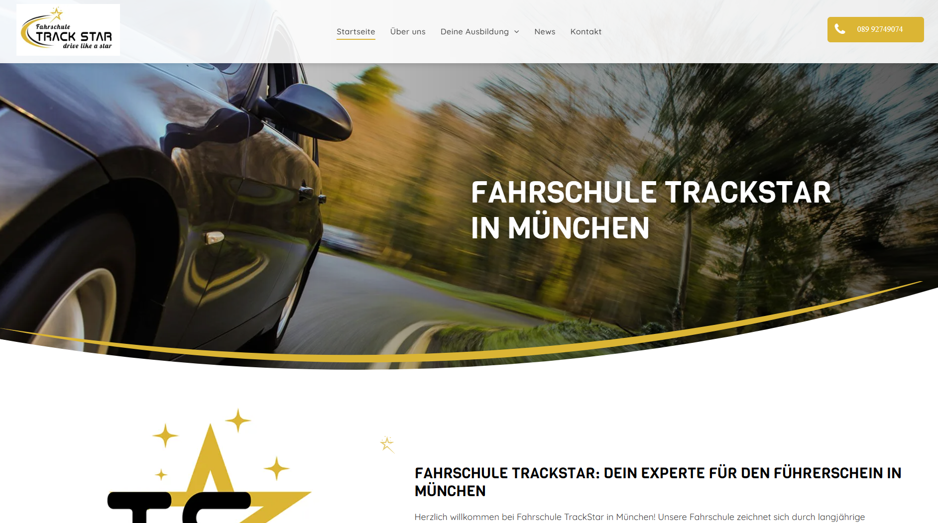 Website header for Fahrschule Trackstar, München, featuring a car on a road.