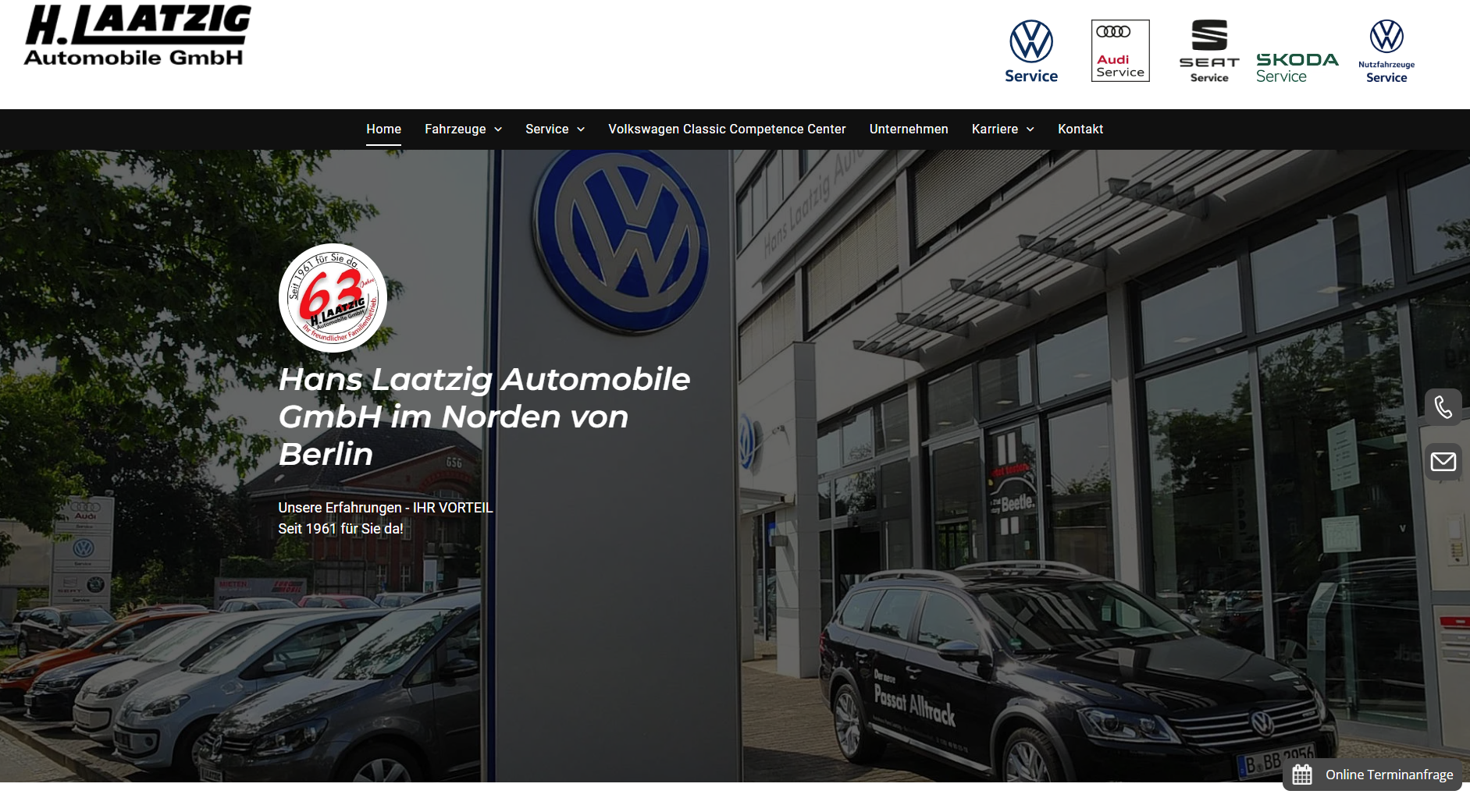 Außenansicht eines Autohauses von H. Laatzig mit Volkswagen-Logo und Autos davor.