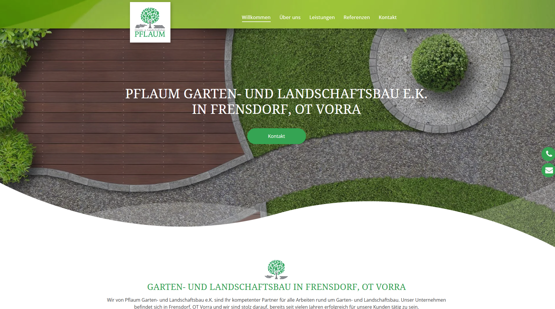 Homepage der Website mit Gartendesign und grünen und braunen Elementen.