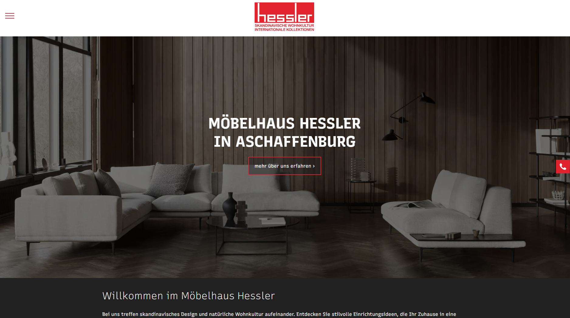 Möbelhaus Hessler homepage: modern living room furniture in Aschaffenburg with a dark wood backdrop.