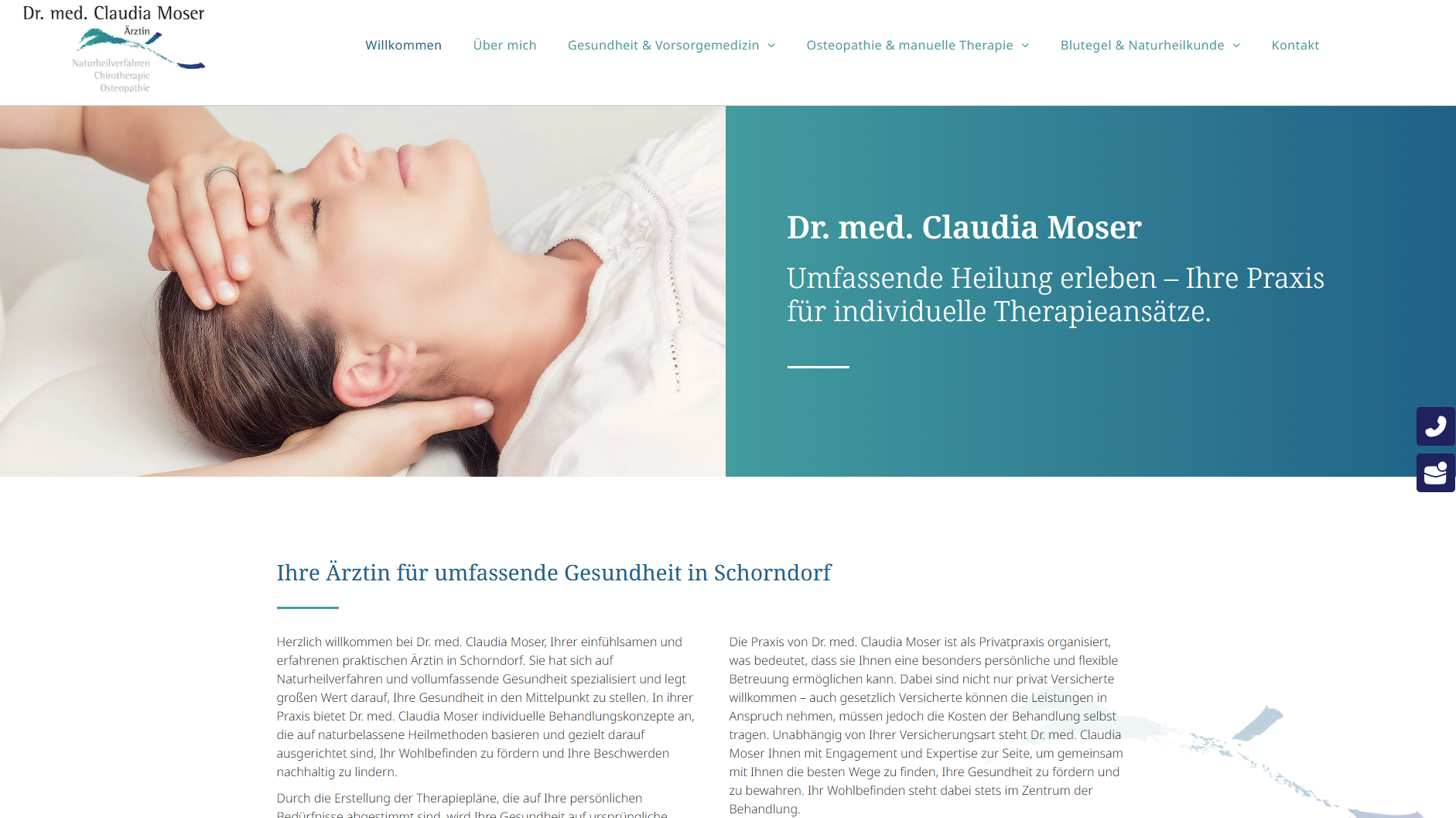 Frau erhält Kopftherapie in einer Klinik; Text auf blauem Hintergrund: Dr. med. Claudia Moser.