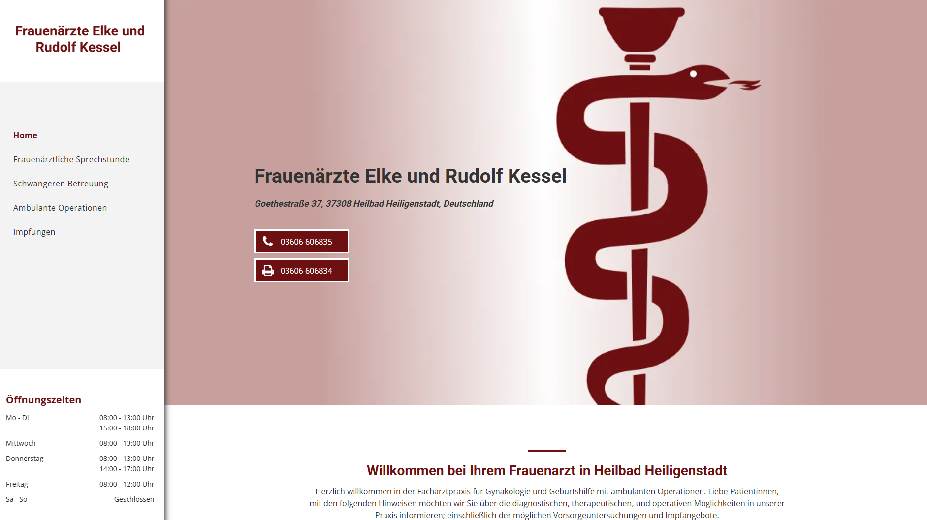 Website with medical symbol and text