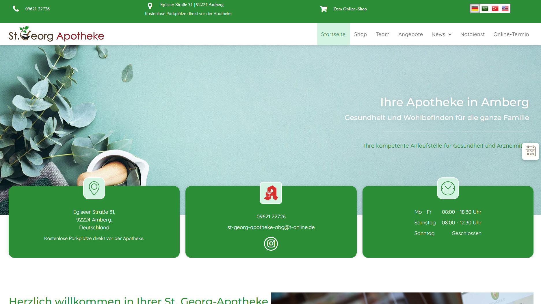 Homepage der St. Georg Apotheke im grün-weißen Design.