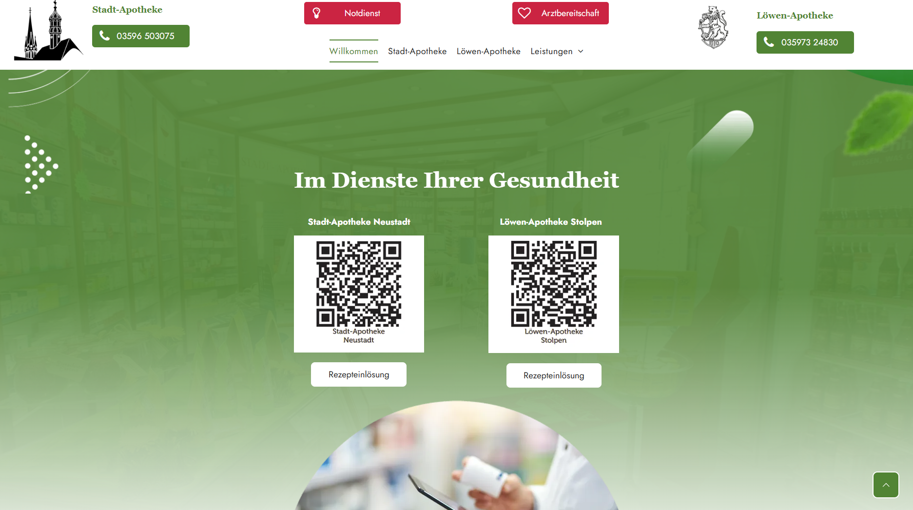 Website with green accents, two QR codes, and text