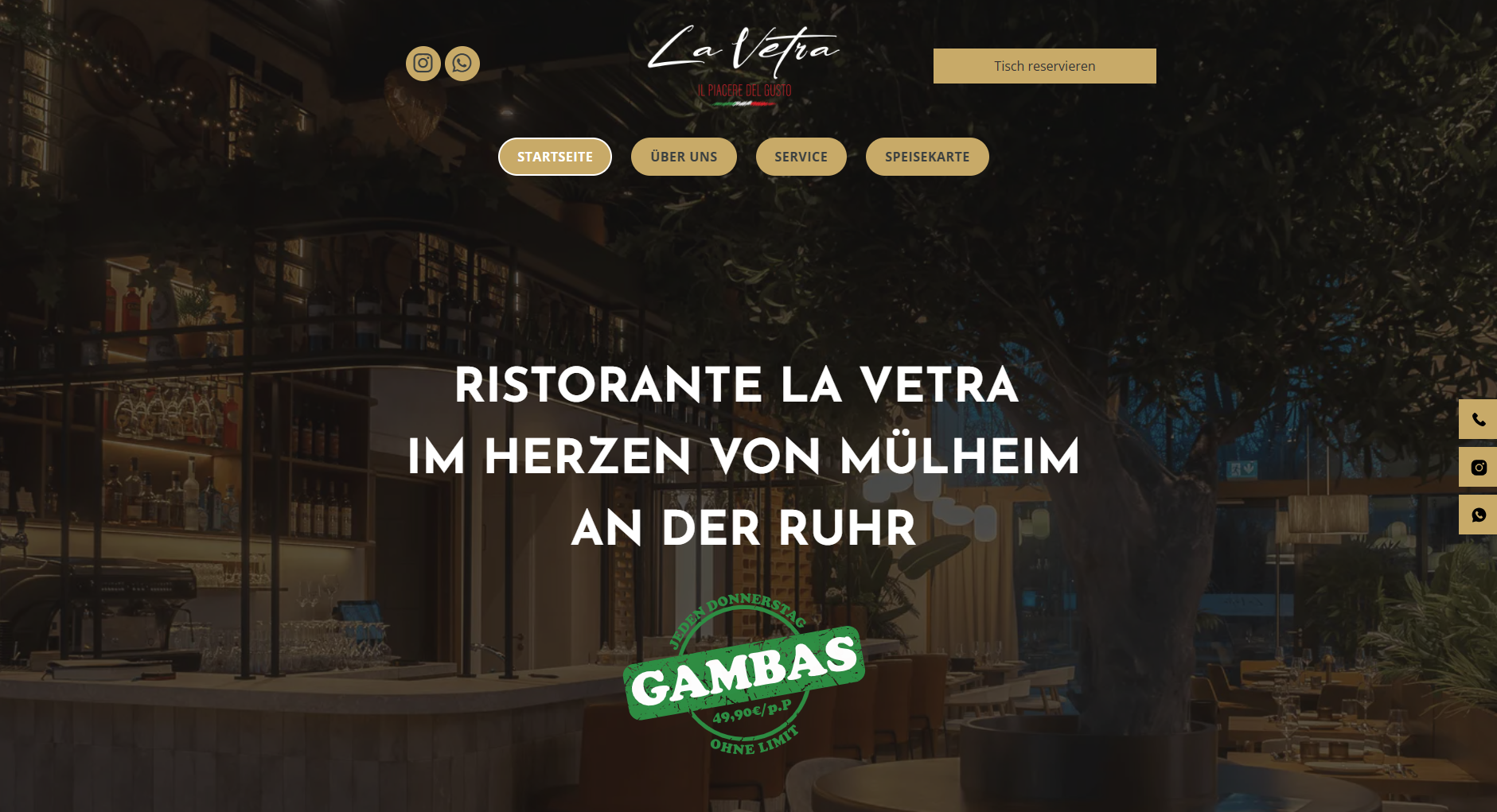 Restaurant La Vetra in Mülheim an der Ruhr, brown and gold website with 