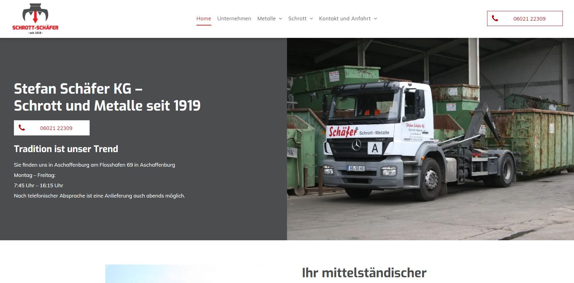 White truck loading green container. Text reads