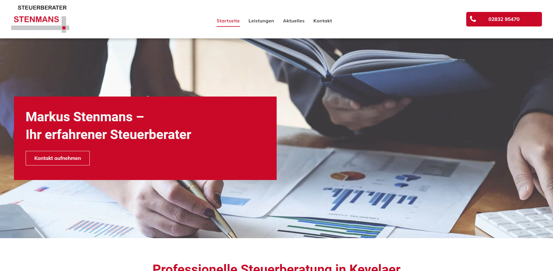 Website with red banner: Markus Steinmann - Steuerberater. Hand with pen on documents, calculator.