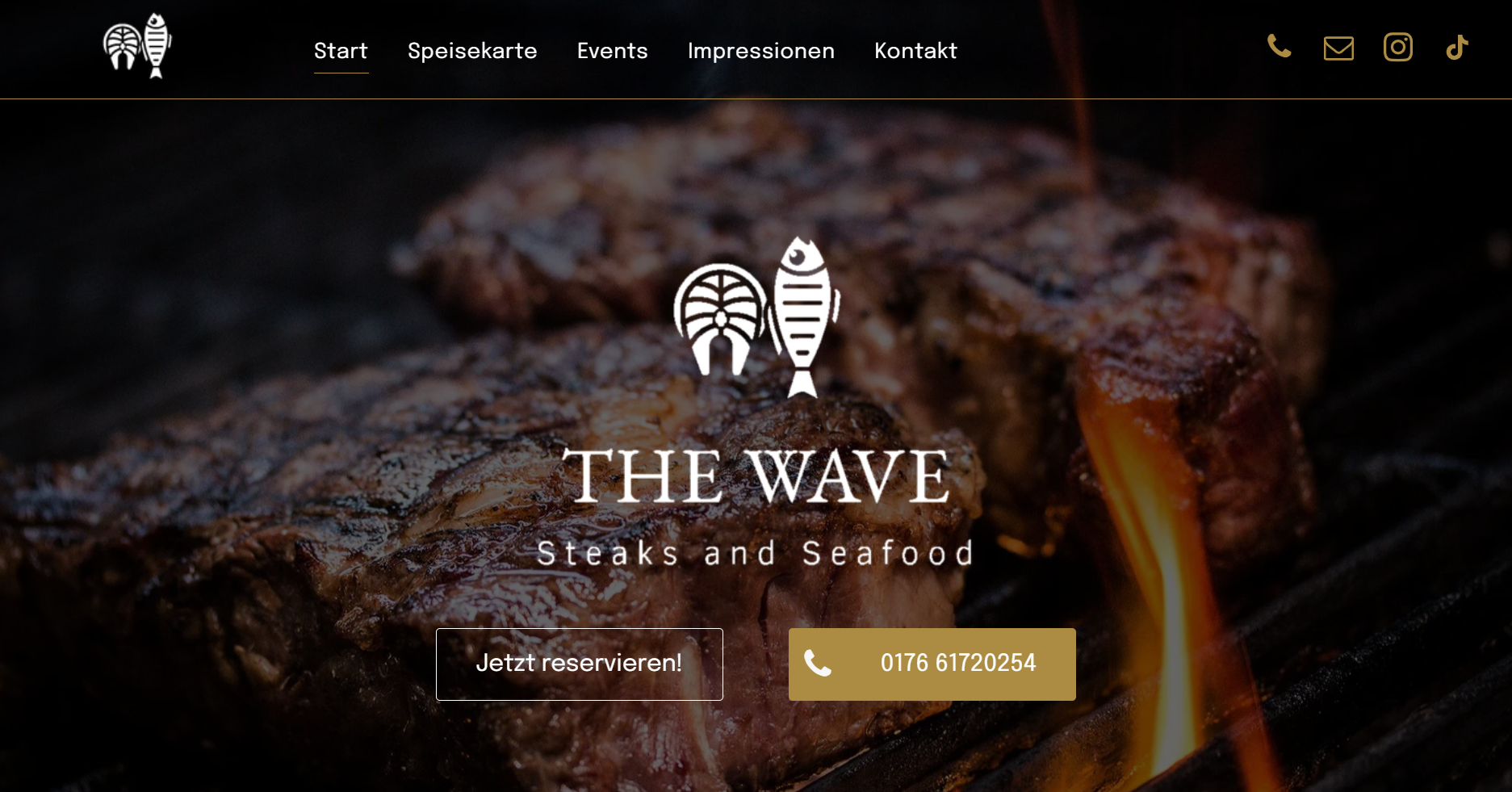 Website-Hero für das Restaurant „The Wave“ (Meeresfrüchte und Meeresfrüchte) mit dunklem Grillmotiv im Hintergrund und Buchungs-/Bestellbuttons