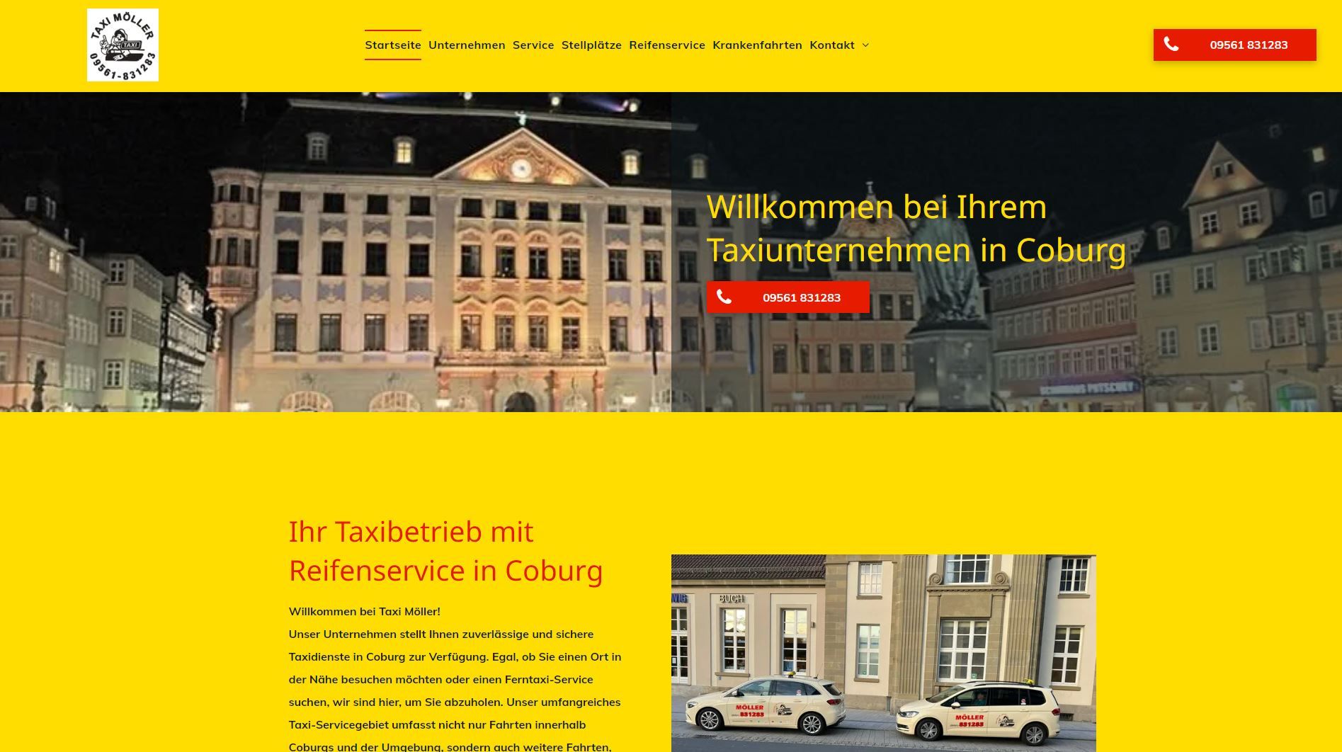 Homepage der Website mit gelbem Hintergrund, Text, einem Gebäude bei Nacht und Taxis.