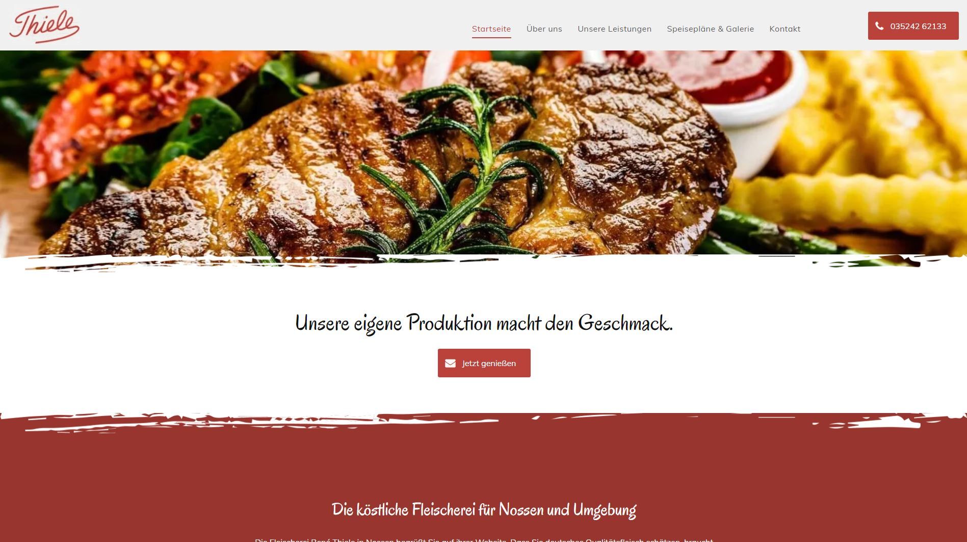 Grilled steak with rosemary, fries, and sauce on a website, text: