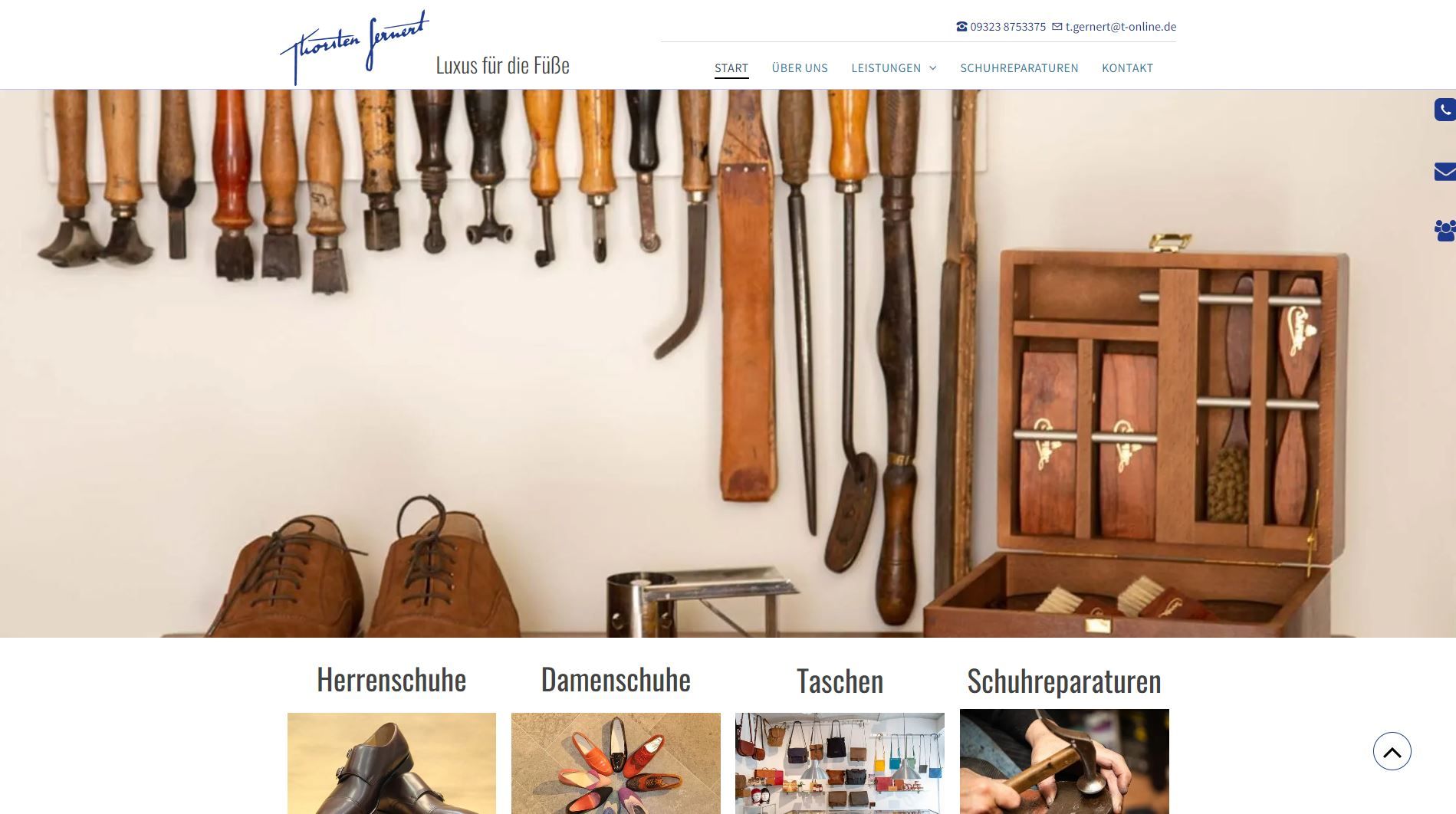 Werkbank mit verschiedenen Werkzeugen und einer Holzkiste; Website-Header und Navigation.