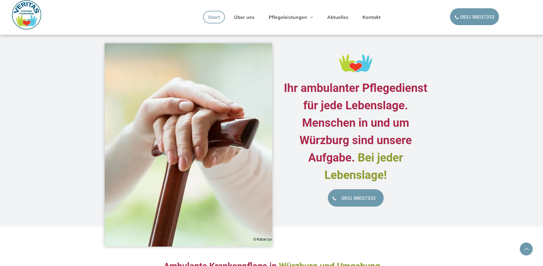 Hands holding a cane. Text: