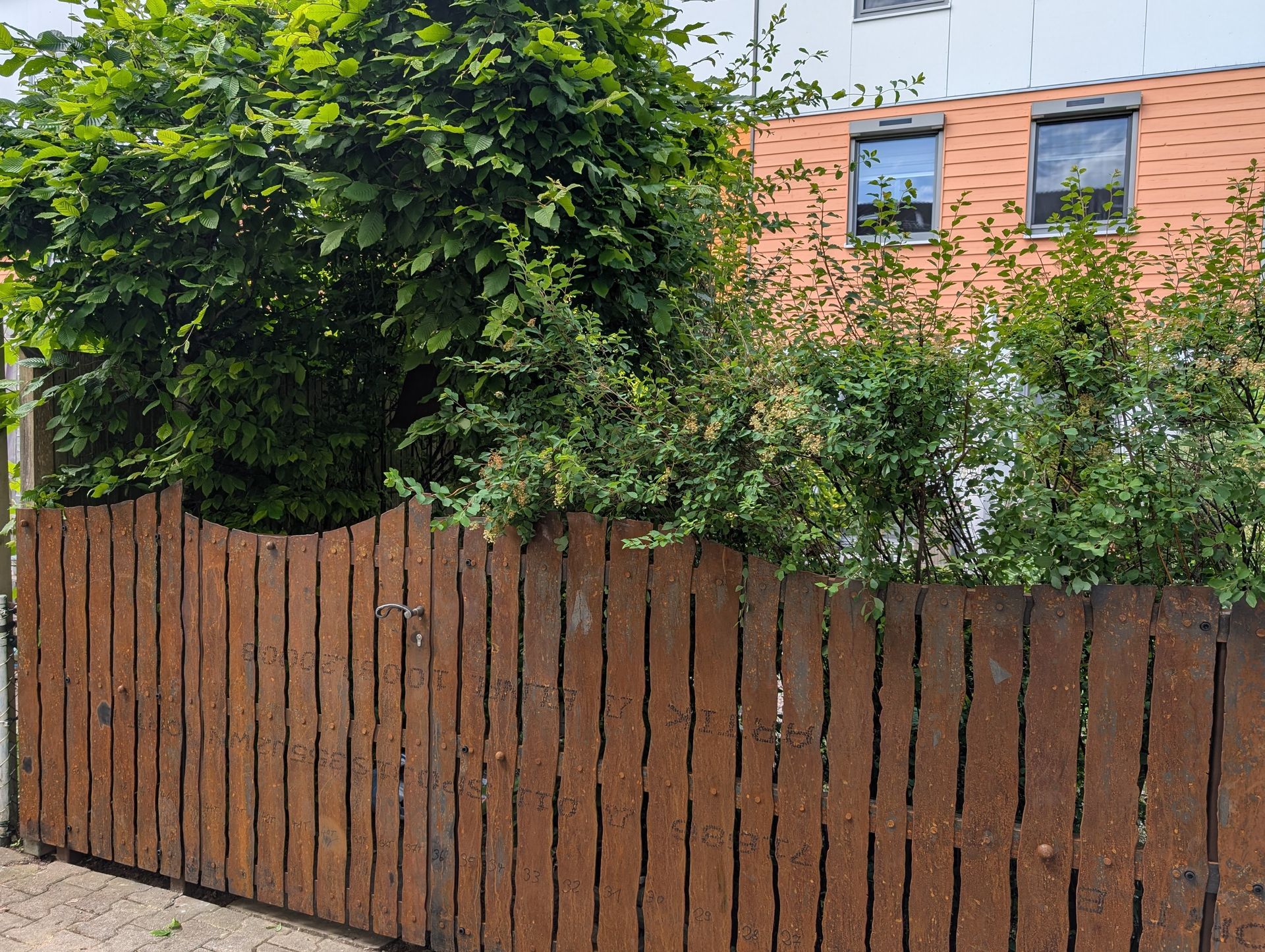 Rustikales Holztor mit senkrechten Latten vor dichtem Garten
