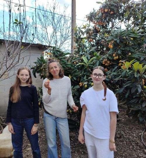 Tres personas están de pie frente a un árbol frutal con frutos amarillos. Una mujer sostiene una fruta. Al aire libre.