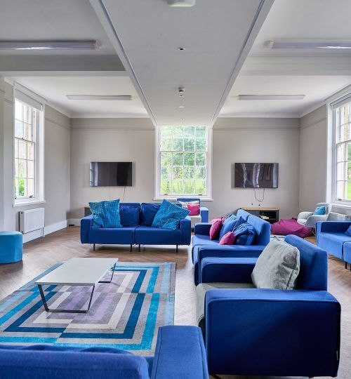 Zona de salón con sofás azules, alfombra geométrica, televisores y grandes ventanales.