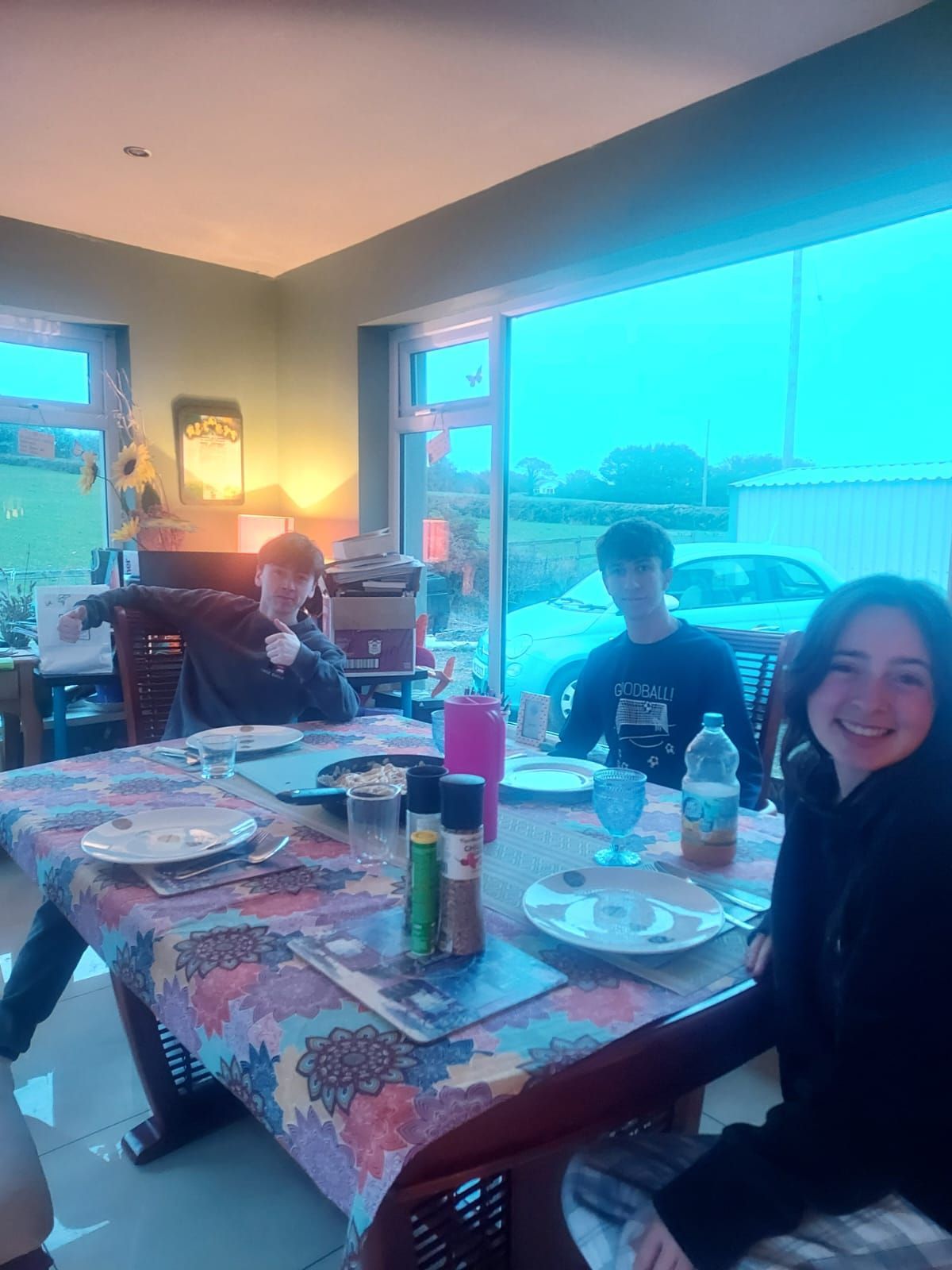 Una familia cenando en una mesa de restaurante junto a una gran ventana, con gente sonriente y los platos puestos para la comida.