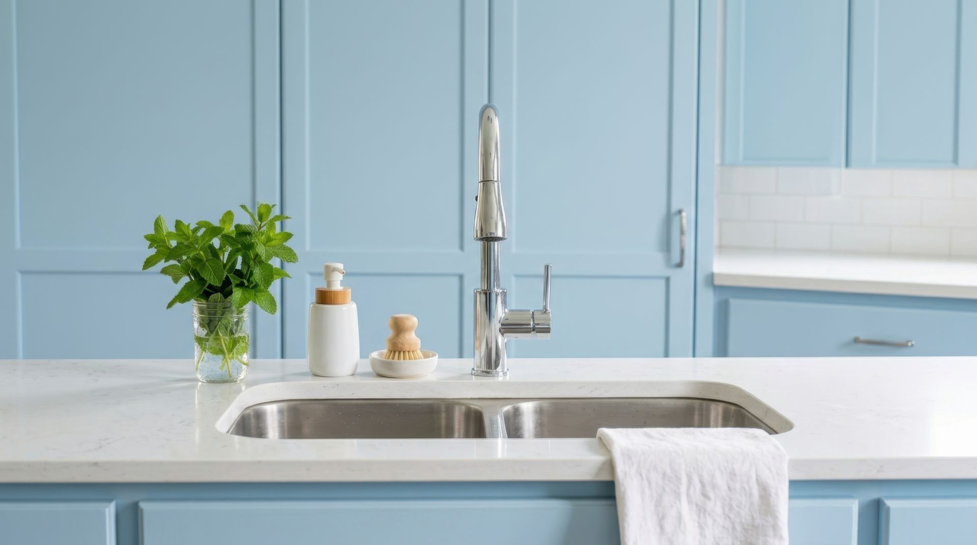 Un évier de cuisine moderne avec un robinet en acier inoxydable, un distributeur de savon blanc, une petite plante et une serviette blanche suspendue.