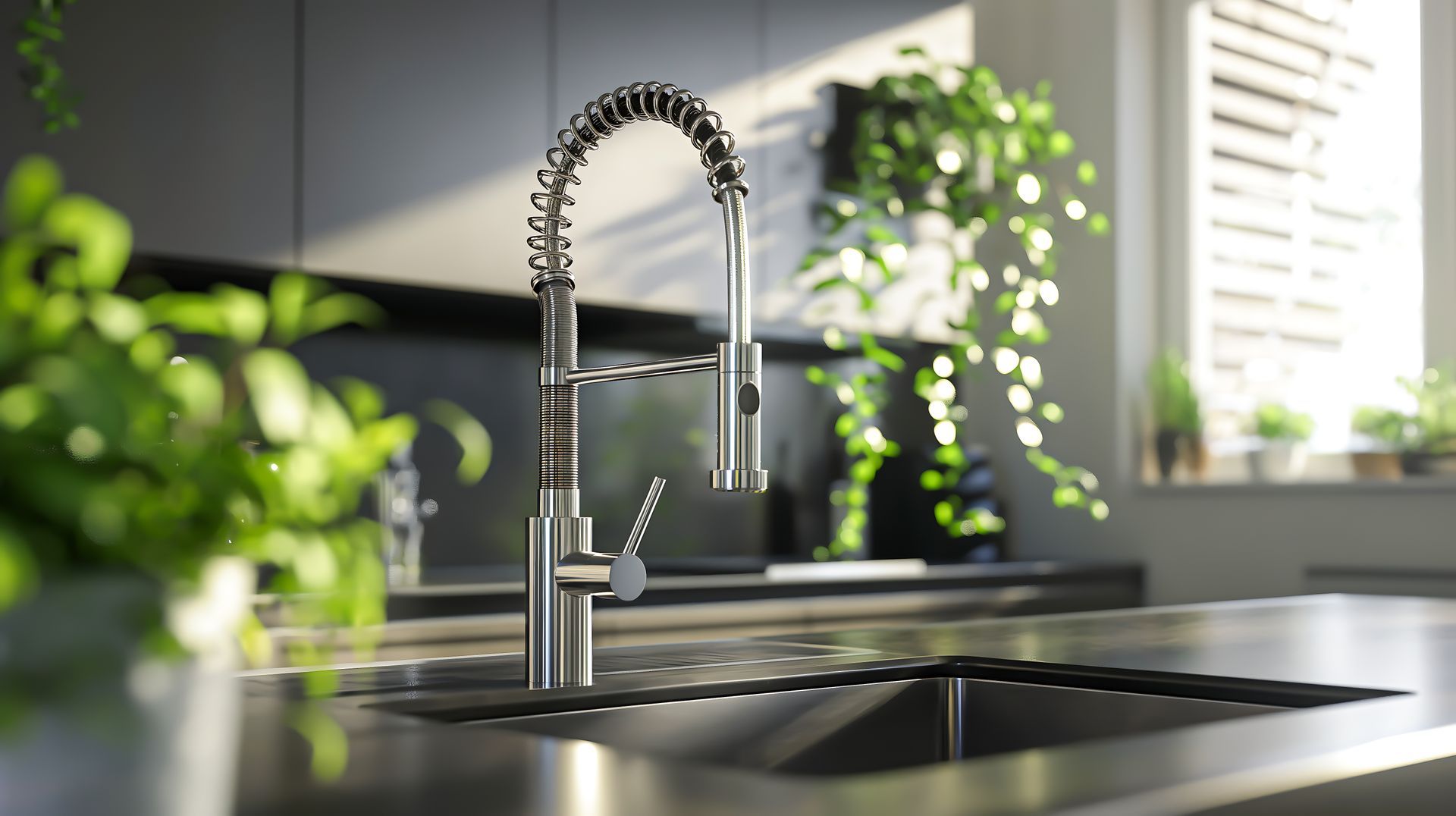 Robinet de cuisine en acier inoxydable au-dessus de l'évier, lumière du soleil à travers la fenêtre, plantes en arrière-plan.