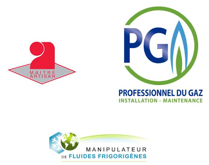 Logos pour : artisan, professionnel du gaz et manutentionnaire de fluides frigorigènes.