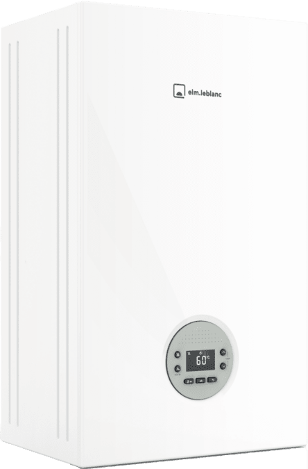 Chaudière murale blanche avec panneau de commande circulaire comportant un affichage numérique et des boutons au centre.