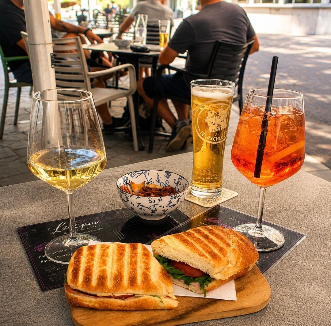 Boissons et en-cas sur une table de café : bière, vin, cocktails et un bol de noix sur des sous-verres.