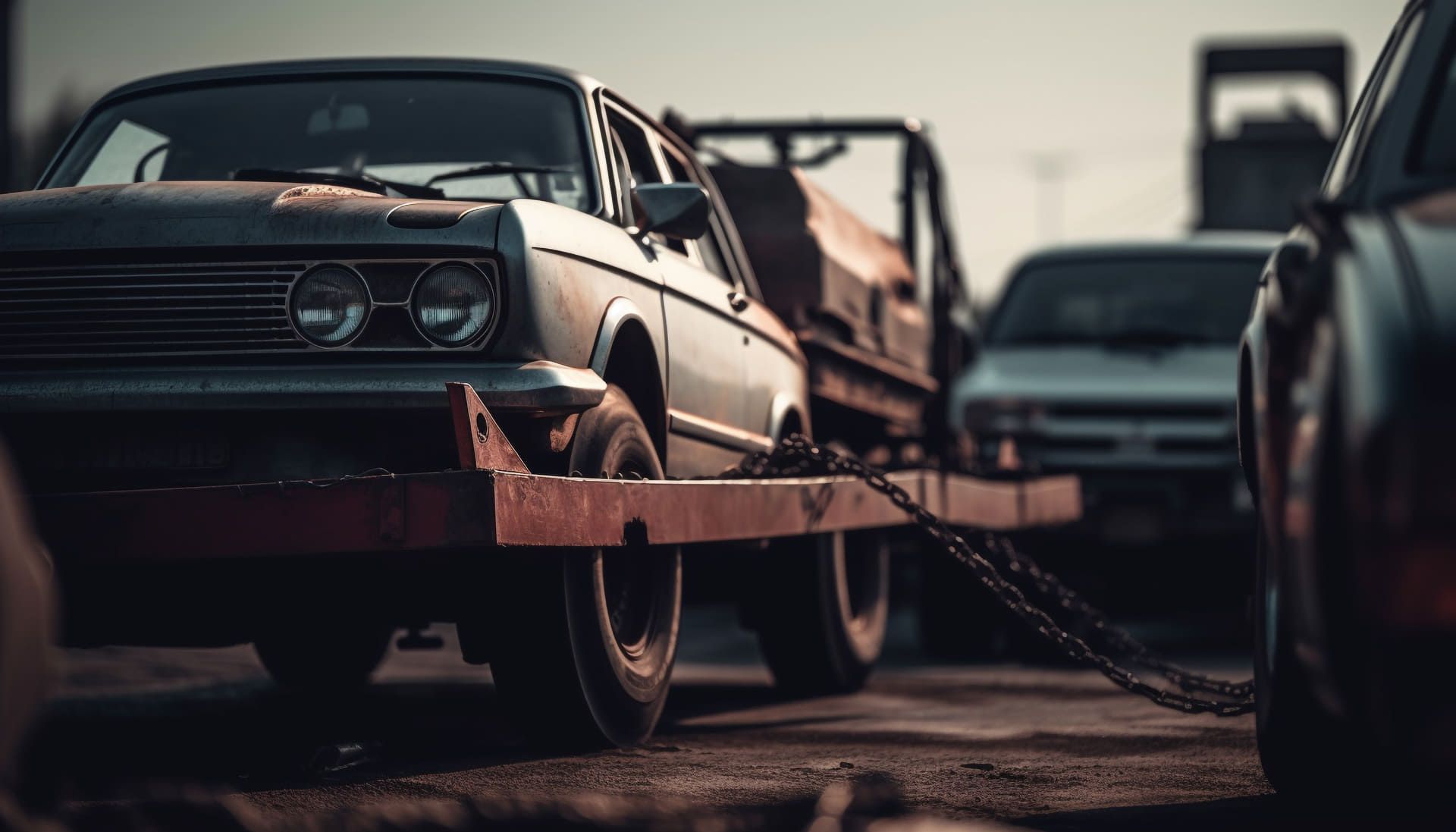 Coche remolcado en un remolque de plataforma; cadenas asegurándolo, otro vehículo al fondo.