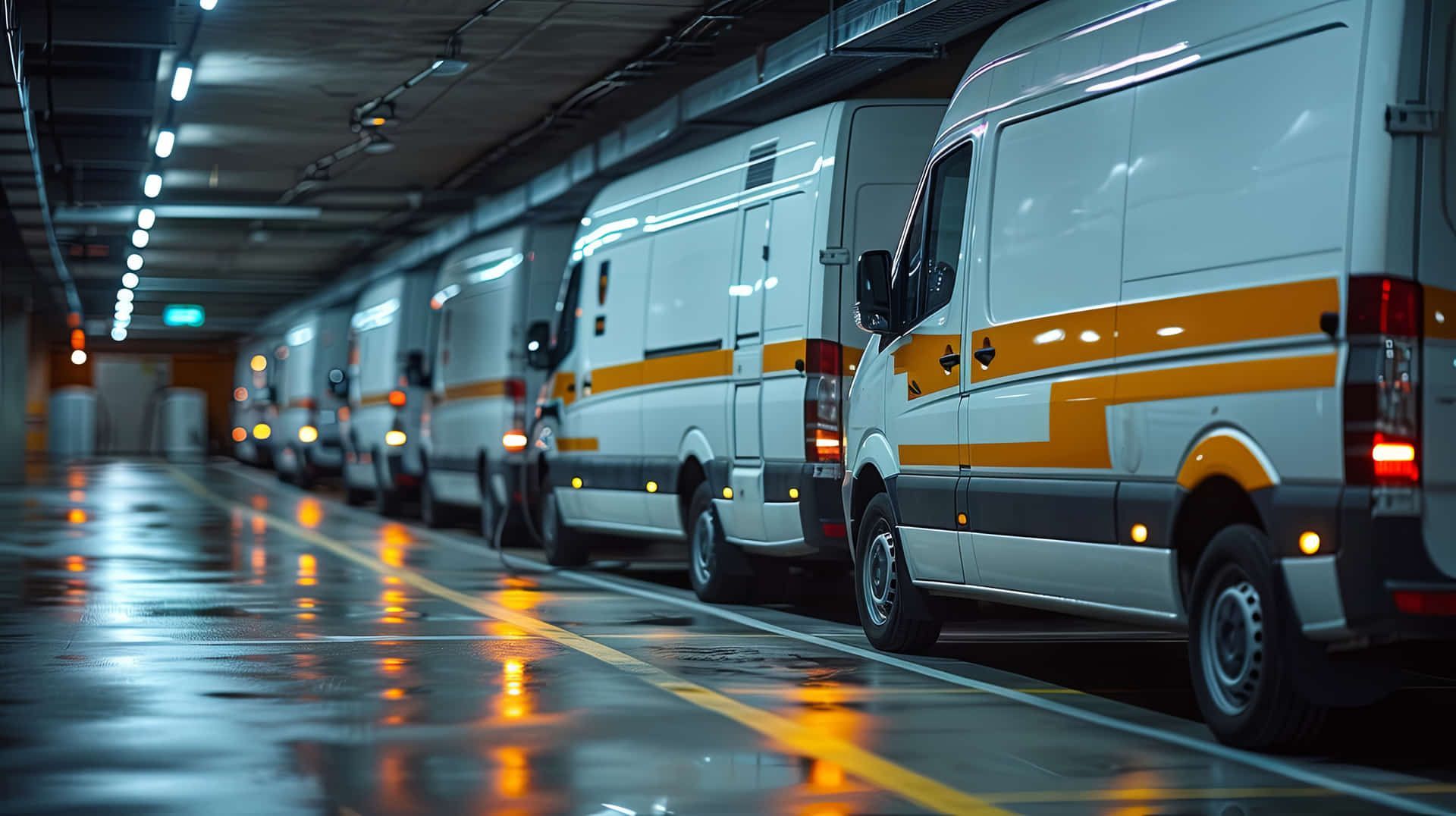 Fila de furgonetas blancas y doradas estacionadas en un garaje interior, reflejándose en un piso mojado y brillante.