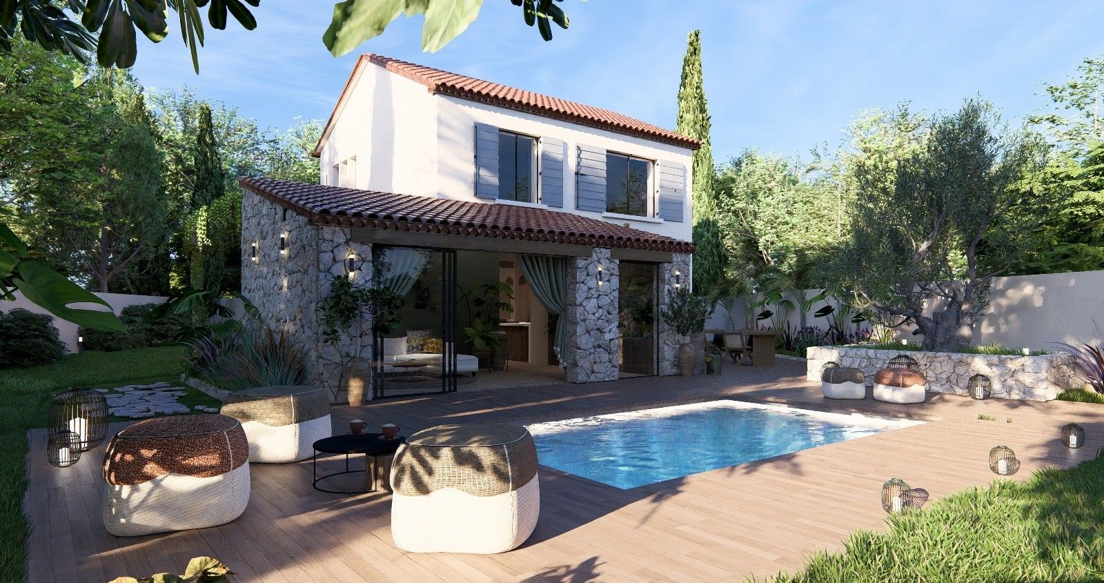 Une impression d'artiste d'une maison avec une piscine dans l'arrière-cour.