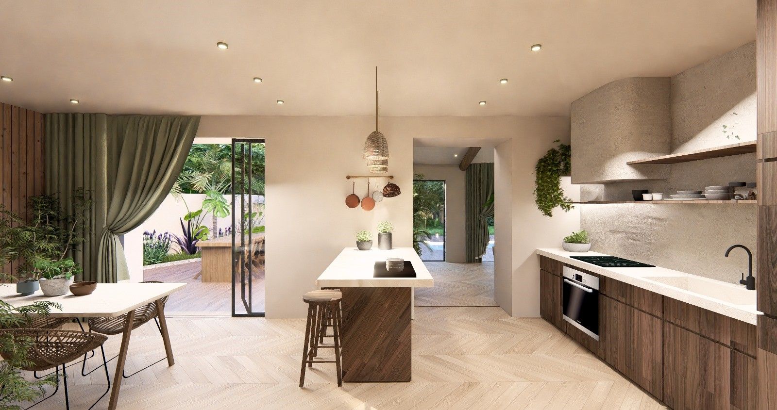 Cuisine moderne avec armoires en bois, un îlot central et une porte ouverte sur un patio, avec verdure.