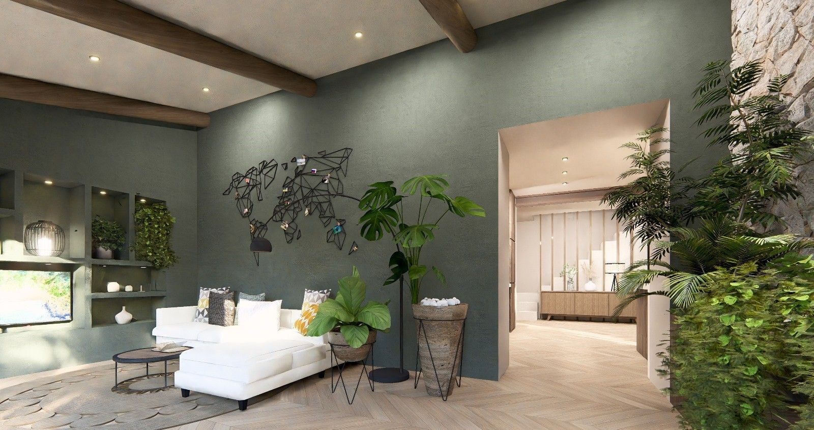 Salon moderne avec canapé blanc, grandes plantes vertes et couleurs neutres. Une porte ouverte mène à une autre pièce.