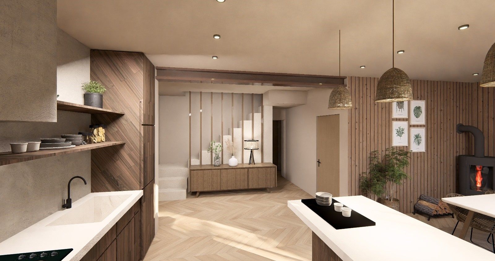 Impression d'artiste d'une cuisine avec un grand îlot et une cheminée.