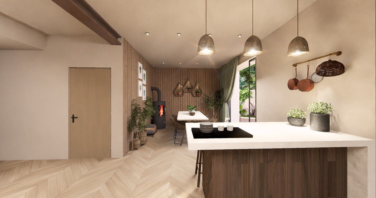 Une cuisine avec un grand îlot au milieu de la pièce.