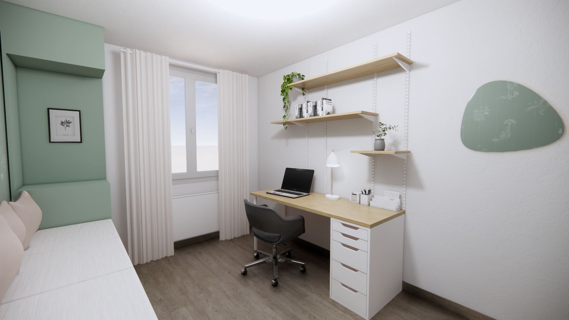 Impression d'artiste d'une chambre avec un bureau et une chaise.