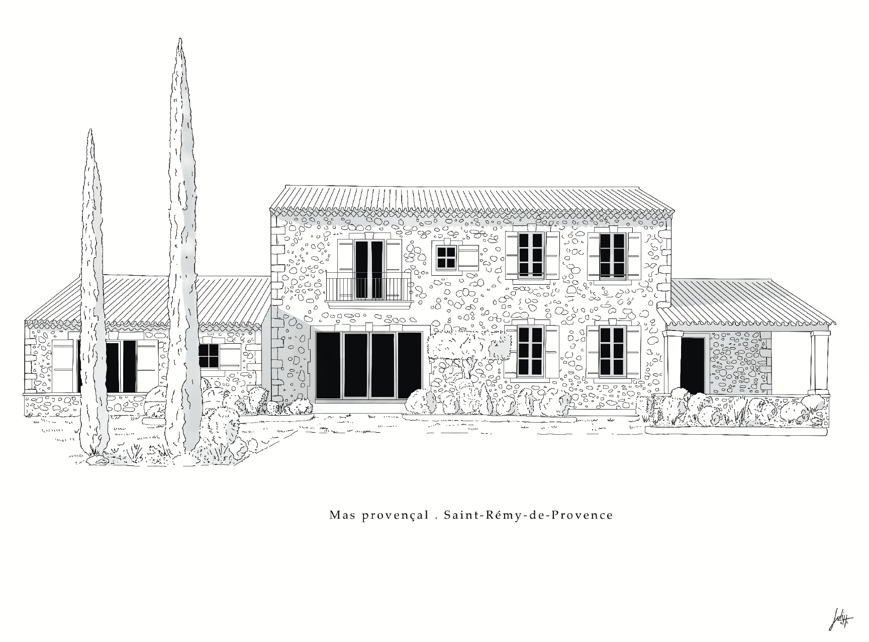 Dessin au trait d'une maison en pierre avec un toit en tuiles, plusieurs fenêtres et deux grands arbres devant.