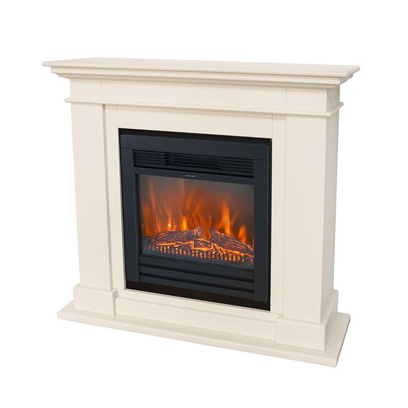 Ein weißer elektrischer Kamin mit schwarzem Kaminsims