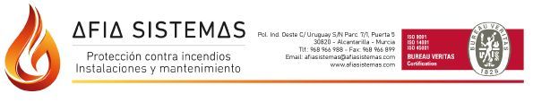 Logotipo para AFIA Sistemas, empresa de protección contra incendios, con gráfico de llama y franja roja con precinto.