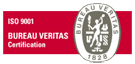 Logotipo de Bureau Veritas Certification ISO 9001 sobre fondo rojo.