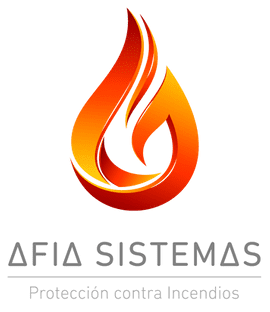 Flame-shaped logo with orange and yellow gradients, above text "AFIA SISTEMAS" and "Protección contra Incendios."